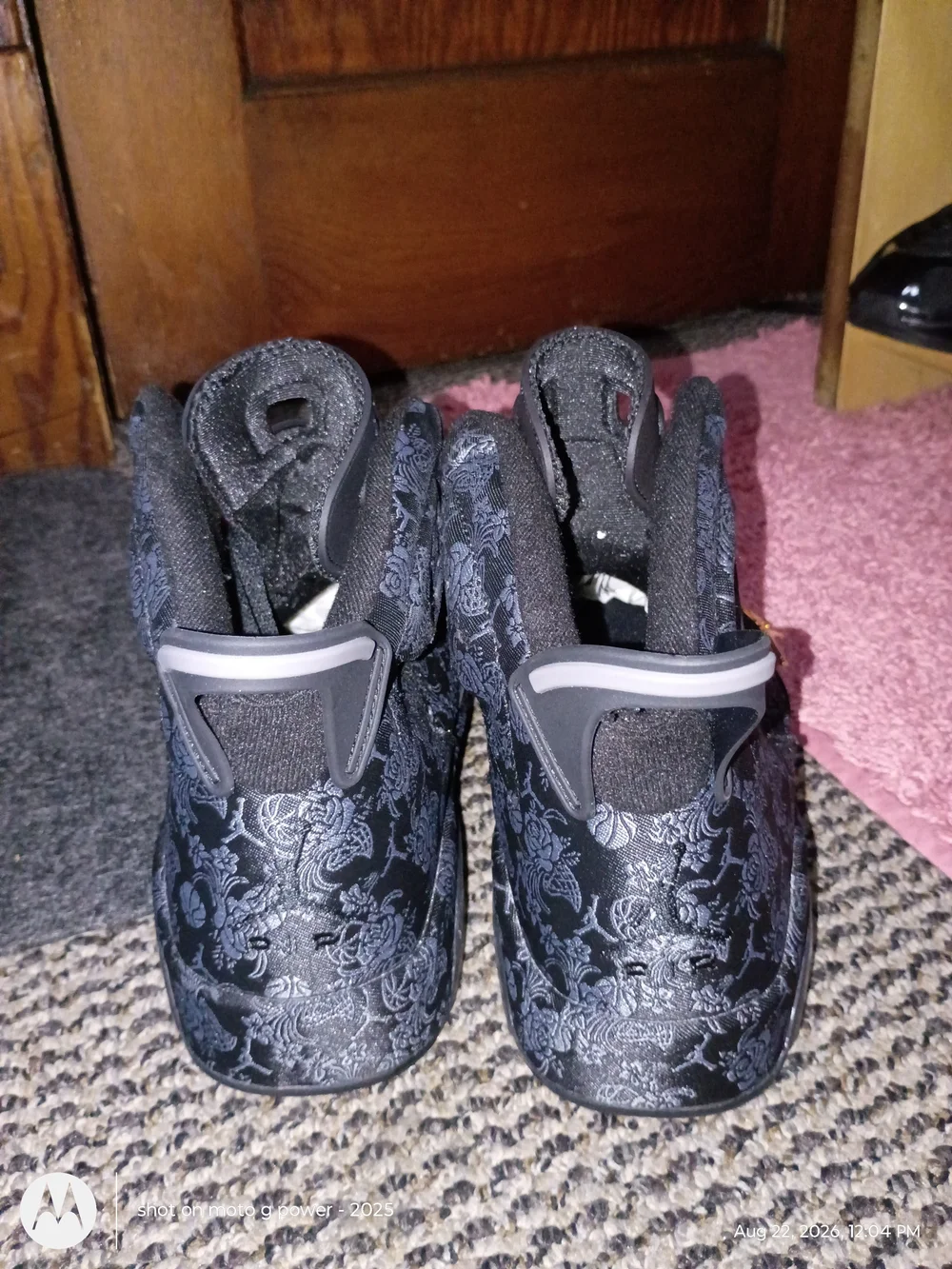 Men's Jordan 6s Black Brocade High-Top Sneakers with Purple Accent